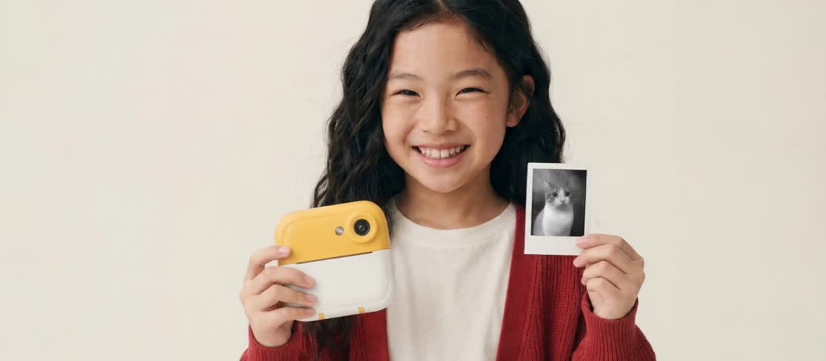 그립샷 제로와 뽑은 흑백 고양이 사진을 들고 웃는 아이